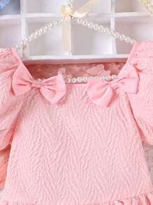 Girls Puff Sleeve Bow Front Ruffle Hem Top & Frill Trim Shorts - Pink - View 5
