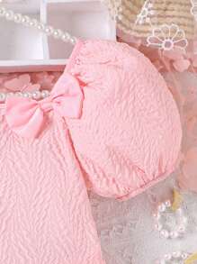 Girls Puff Sleeve Bow Front Ruffle Hem Top & Frill Trim Shorts - Pink - View 6