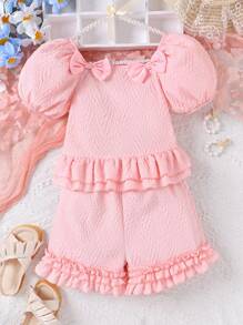 Girls Puff Sleeve Bow Front Ruffle Hem Top & Frill Trim Shorts - Pink - View 7