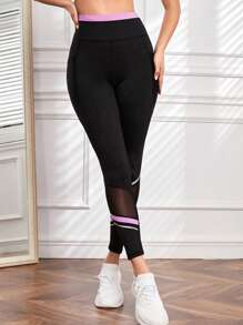 SHEIN Sports 嵌入網紗條紋印花寬腰帶運動打底褲帶手機袋 - 黑色 - 查看 3