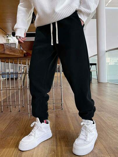 Pantalon de survêtement ample pour hommes de couleur unie avec cordon de serrage à la taille, basique unicolore, pantalon de jogging noir pour homme, cadeau pour mari ou petit ami