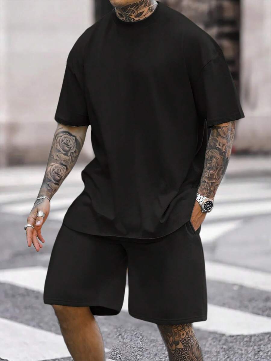 Manfinity Homme Men Solid Tee & Drawstring Waist Shorts Set For Summer, Cozy Outfits - Black - View 1