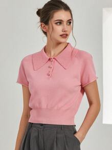 Dazy Designer Polo領插肩袖針織上衣 - 粉色 - 查看 8