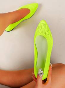 Women's Flat Knitted Breathable Pointed Toe Slip-On Casual Loafers, Lightweight And Comfortable For Outdoor, Spring & Autumn, Plus Size - Green - View 2