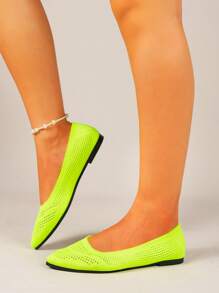 Women's Flat Knitted Breathable Pointed Toe Slip-On Casual Loafers, Lightweight And Comfortable For Outdoor, Spring & Autumn, Plus Size - Green - View 3