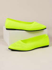 Women's Flat Knitted Breathable Pointed Toe Slip-On Casual Loafers, Lightweight And Comfortable For Outdoor, Spring & Autumn, Plus Size - Green - View 5