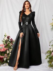 Faeriesty 对比亮片泡泡袖超长派对礼服黑色优雅长袖正式晚会舞会婚礼宾客礼服，适合毕业典礼、晚宴 - 黑色 - 查看 5