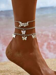 Vòng chân mặt dây chuyền hình bướm 3 cô gái để trang trí hàng ngày - Bạc - Xem 1