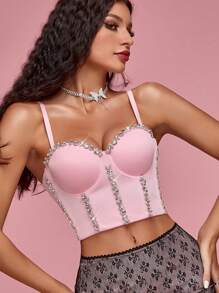 Top corsé de tirantes bustier con cuenta con diamante de imitación - Rosa Pálido - Ver 1
