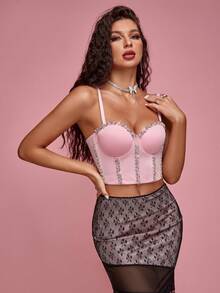Top corsé de tirantes bustier con cuenta con diamante de imitación - Rosa Pálido - Ver 4