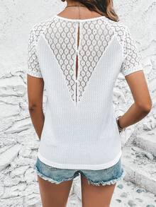 SHEIN Clasi Contrast Lace Button Back Tee - White - View 5