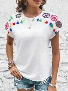 SHEIN VCAY 花卉刺繡流蘇邊蝙蝠袖襯衫 - 白色 - 查看 4
