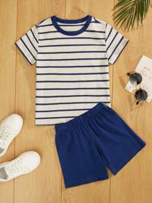 RueChic Young Boy Round Neck Short Sleeve Striped T-Shirt & Solid Color Shorts 2pcs/Set - Blue and White - View 1