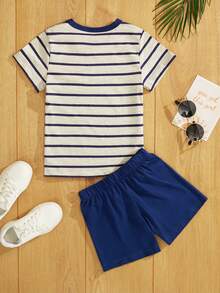 RueChic Young Boy Round Neck Short Sleeve Striped T-Shirt & Solid Color Shorts 2pcs/Set - Blue and White - View 2