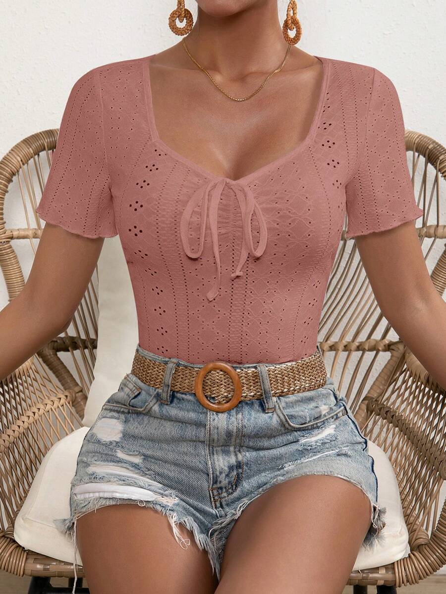 SHEIN LUNE Áo thun nữ Thắt nút Thắt nơ trước Tranh thêu màu trơn Giải trí - Bụi hồng - Xem 1