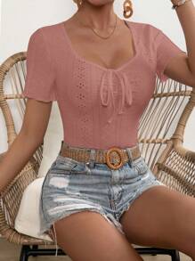SHEIN LUNE Áo thun nữ Thắt nút Thắt nơ trước Tranh thêu màu trơn Giải trí - Bụi hồng - Xem 3