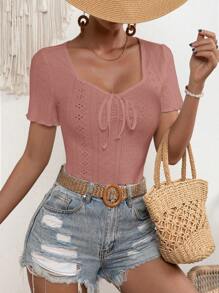 SHEIN LUNE Áo thun nữ Thắt nút Thắt nơ trước Tranh thêu màu trơn Giải trí - Bụi hồng - Xem 4