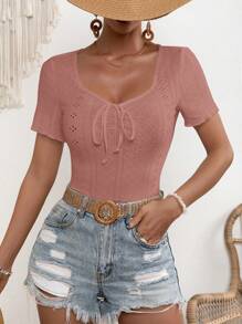 SHEIN LUNE Áo thun nữ Thắt nút Thắt nơ trước Tranh thêu màu trơn Giải trí - Bụi hồng - Xem 5