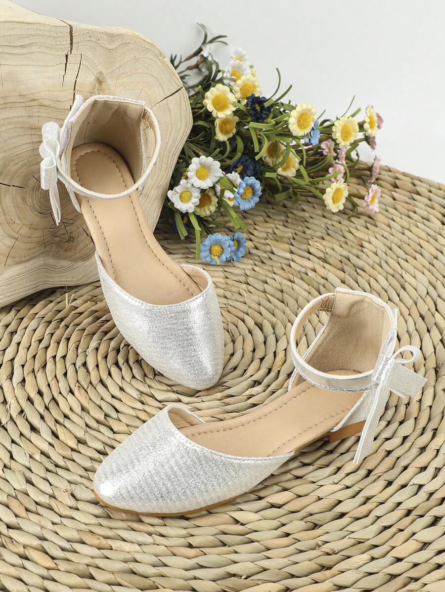 Girls Metallic Hook-and-loop Fastener Bow Decor Ankle Strap Flats For Summer