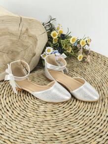 Girls Metallic Hook-and-loop Fastener Bow Decor Ankle Strap Flats For Summer