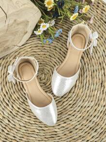 Girls Metallic Hook-and-loop Fastener Bow Decor Ankle Strap Flats For Summer