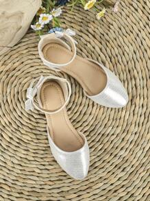 Girls Metallic Hook-and-loop Fastener Bow Decor Ankle Strap Flats For Summer