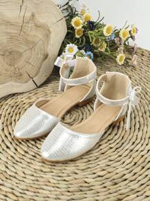 Girls Metallic Hook-and-loop Fastener Bow Decor Ankle Strap Flats For Summer