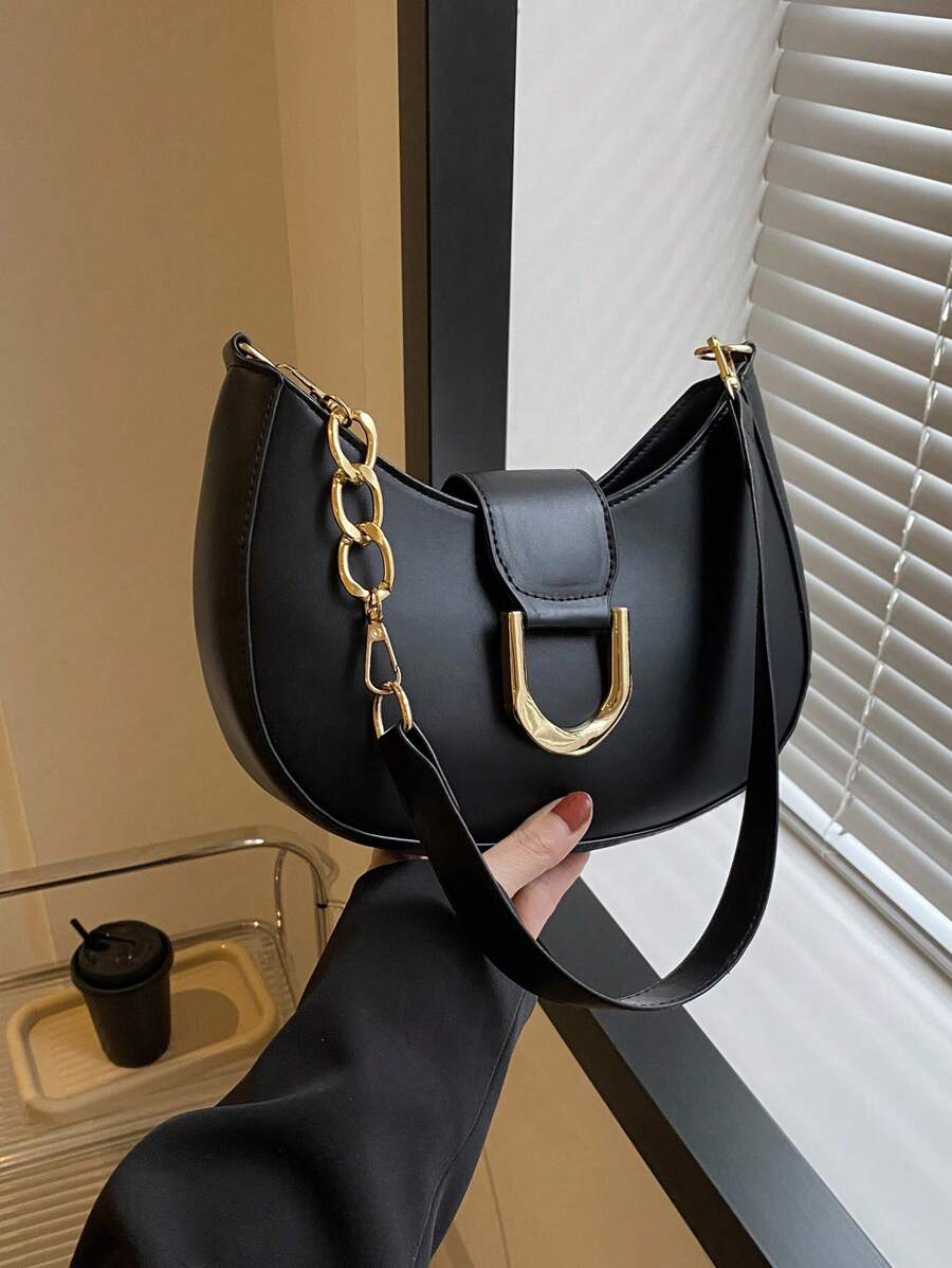 Bolso Hobo de decoración de Metal de estilo de moda de PU negro, bolso Hobo de fieltro Y2K, bolso de Color sólido, bolso de moda con hebilla decorativa, bolso para axila