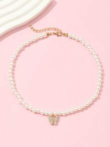1pc Girls' Acrylic Butterfly & Pearl Necklace, Everyday Accessory - Silver - View 1