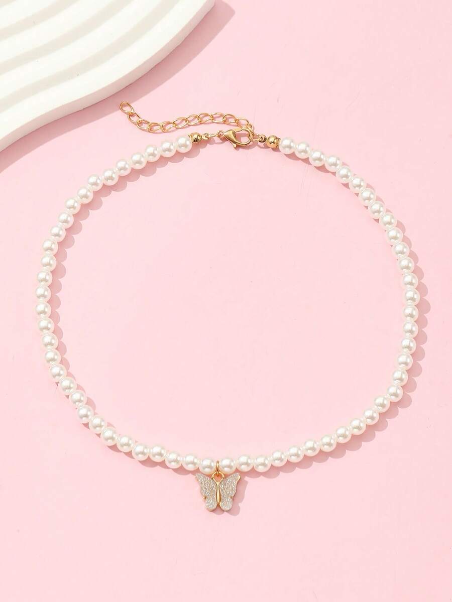 1pc Girls' Acrylic Butterfly & Pearl Necklace, Everyday Accessory - Silver - View 1