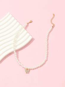 1pc Girls' Acrylic Butterfly & Pearl Necklace, Everyday Accessory - Silver - View 2