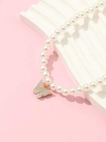 1pc Girls' Acrylic Butterfly & Pearl Necklace, Everyday Accessory - Silver - View 5