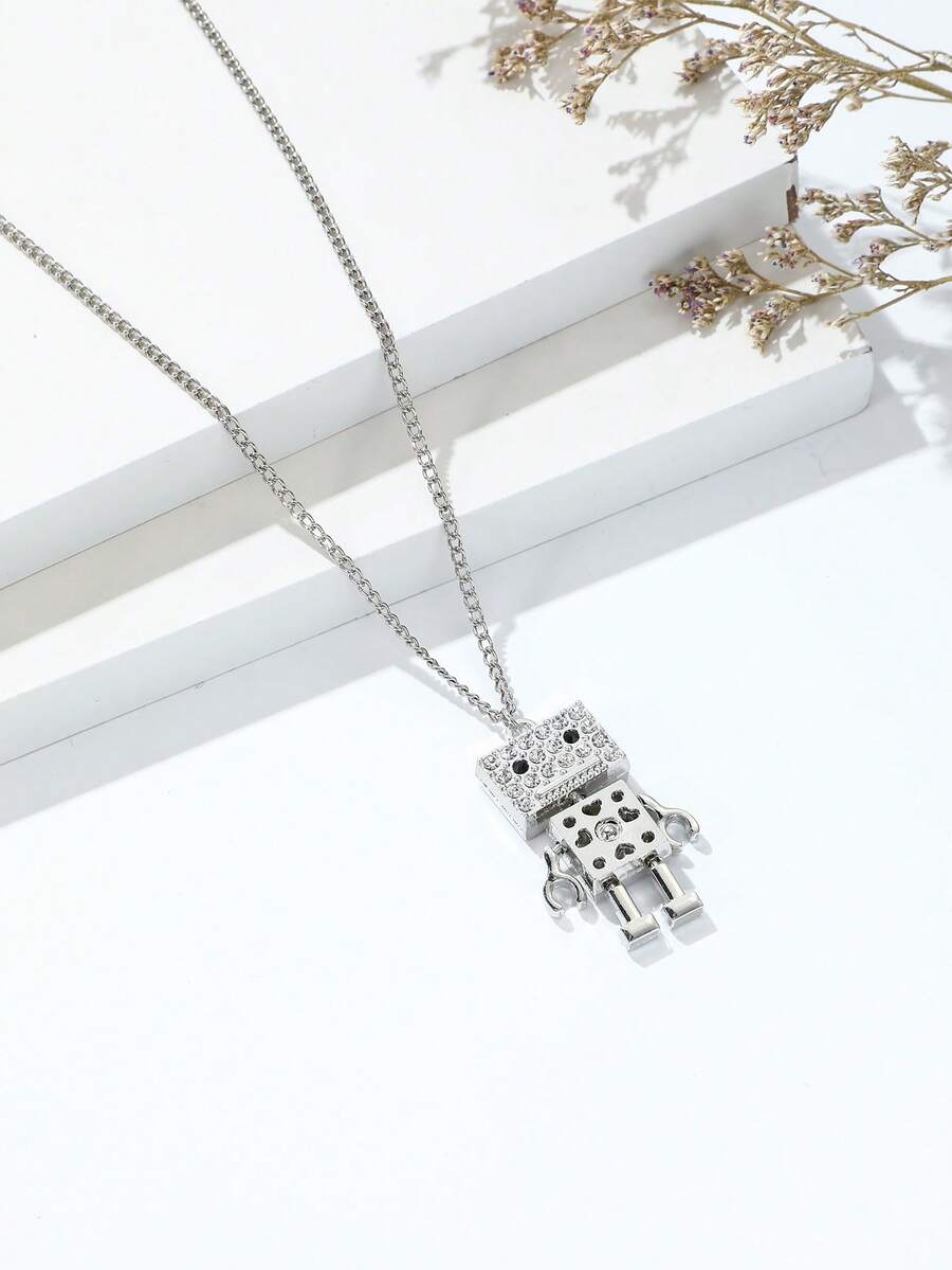 1入組兒童方晶鋯石裝飾機器人不銹鋼吊墜項鍊日常裝飾 - 銀色 - 查看 1
