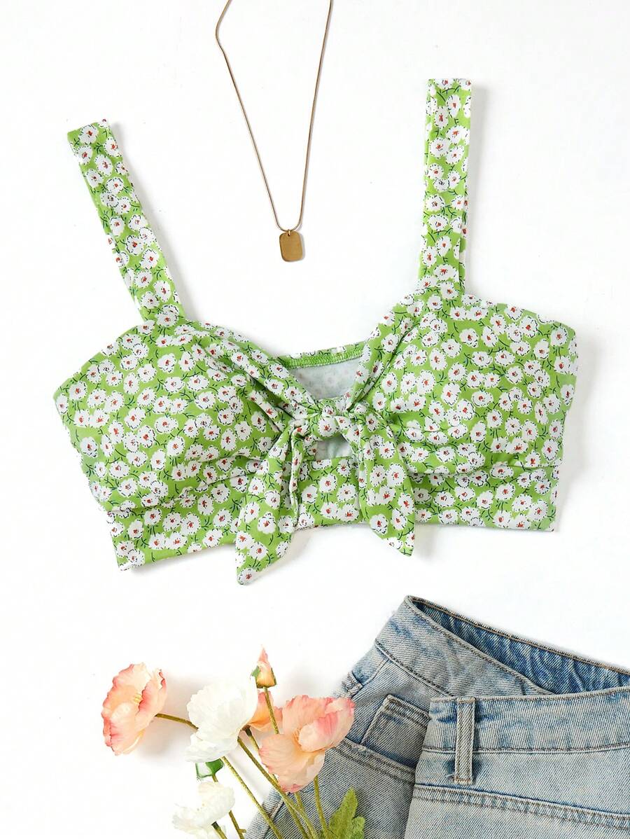 SHEIN VCAY Ditsy Floral Print Knot Front Cami Top - Lime Green - View 1