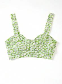 SHEIN VCAY Ditsy Floral Print Knot Front Cami Top - Lime Green - View 2