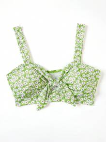 SHEIN VCAY Ditsy Floral Print Knot Front Cami Top - Lime Green - View 3