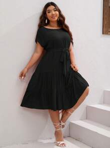 SHEIN VCAY 大碼蝙蝠袖荷葉邊繫腰帶洋裝 - 黑色 - 查看 5