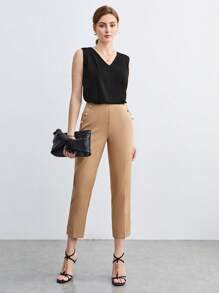 BizChic Women Sleeveless V-Neck Ruffle Solid Color Camisole, Elegant For Commuting - Black - View 2