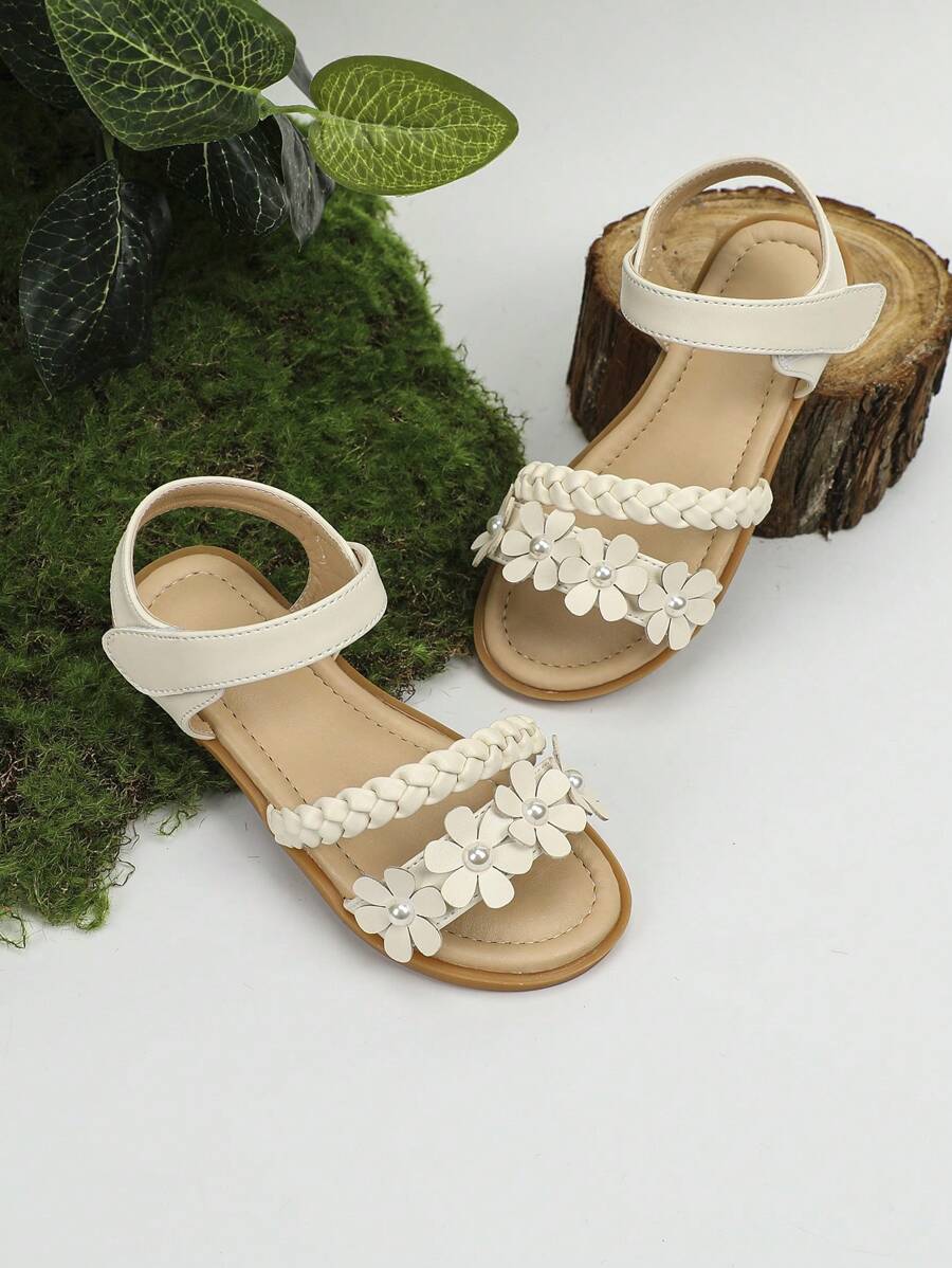 Bé gái Ngọc Trai Giả & Hoa Trang Trí Chi Tiết Bện Móc-và-Vòng Dây Hở Ngón Dây Đeo Mắt Cá Chân Dép Phẳng Cho Mùa Hè - Màu be - Xem 1