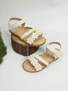 Bé gái Ngọc Trai Giả & Hoa Trang Trí Chi Tiết Bện Móc-và-Vòng Dây Hở Ngón Dây Đeo Mắt Cá Chân Dép Phẳng Cho Mùa Hè - Màu be - Xem 2