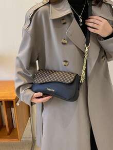 女性簡約純色pu斜背包,百搭款 - 黑色 - 查看 2