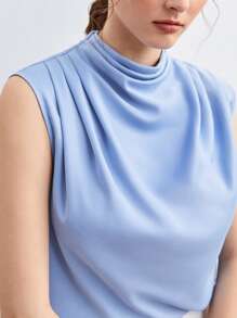 BizChic Ruched Mock Neck Solid Sleeveless Top Workwear - Baby Blue - View 3
