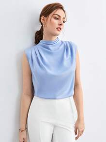 BizChic Ruched Mock Neck Solid Sleeveless Top Workwear - Baby Blue - View 4