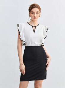 BizChic Contrast Binding Ruffle Trim Dress Workwear - Black and White - View 3