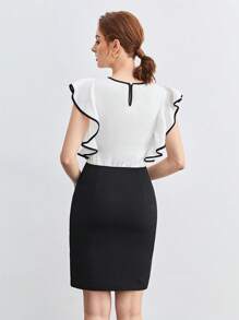BizChic Contrast Binding Ruffle Trim Dress Workwear - Black and White - View 2