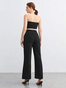 BizChic Button Front Tube Top & Wide Leg Trousers - Black - View 3