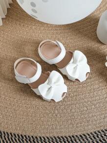 1雙女嬰蝴蝶結裝飾圓頭踝帶平底涼鞋適用於日常生活 - 白色 - 查看 6