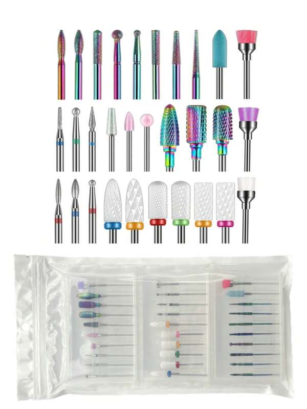 30pcs/set Nail Art Drill Polish Head Kit, Diamond Grinding Head Nail