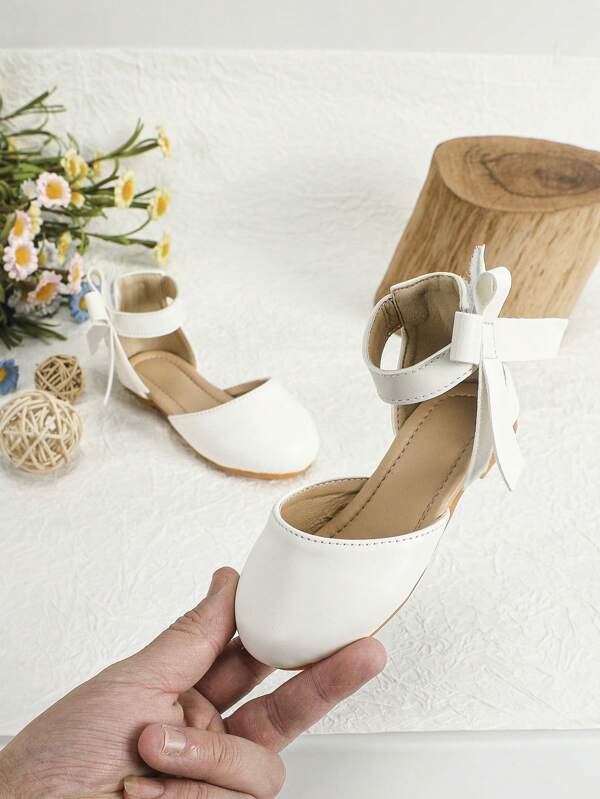 Baby Girls Bow Decor Hook-and-loop Fastener Ankle Strap Flats For Party
