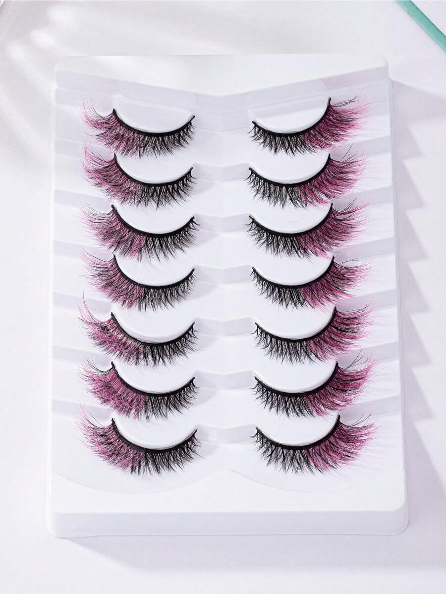 假睫毛，7 對貓眼色尾眼加長睫毛假睫毛假睫毛條 - 粉色 - 查看 1